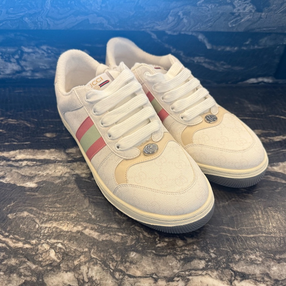 Gucci White Sneakers with Pink and Tan Accents